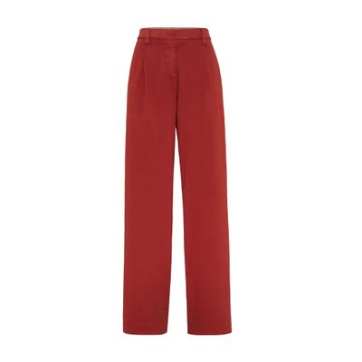 Brunello Cucinelli Stretch Dyed Denim Loose Straight Trousers With Monili In Red