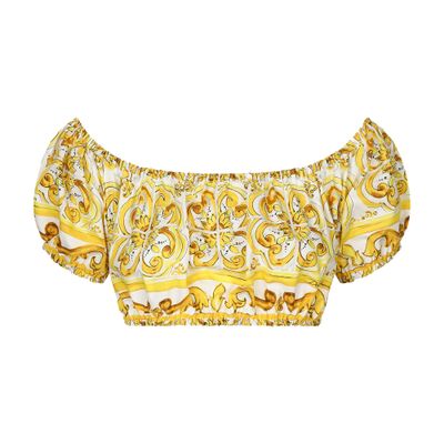 Dolce & Gabbana Yellow And White Crop Top With Majolica Print In Cotton Woman In Multicolor