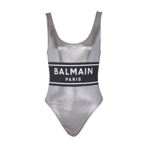 Balmain Logo-print Metallic-effect Swimsuit In Black