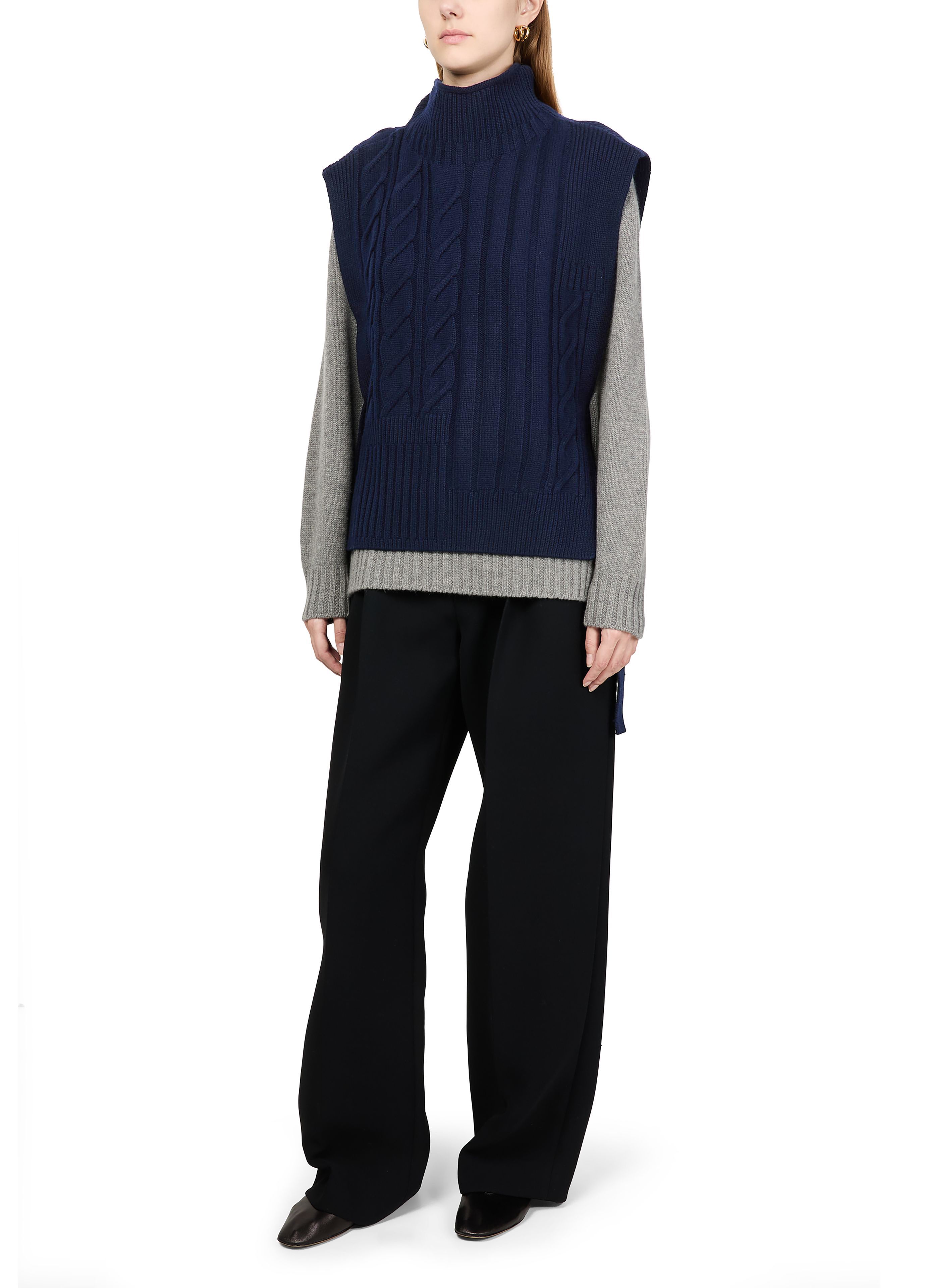 Long belted cable knit bib sweater thumbnail 5