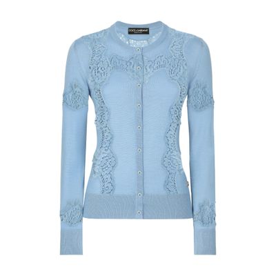 Dolce & Gabbana Cashmere And Silk Cardigan With Lace Inlay In Blue