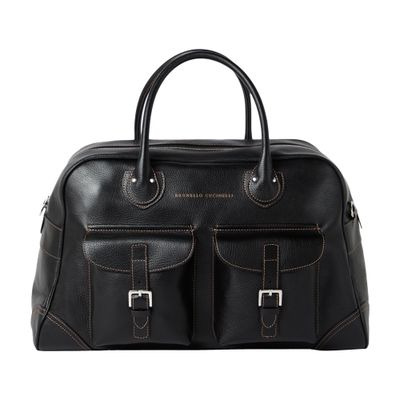 Brunello Cucinelli Grained Calfskin Weekender Bag In Black