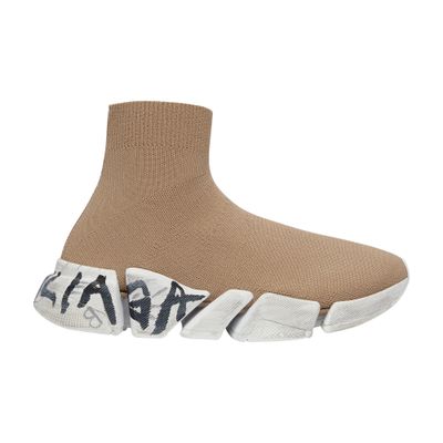 Balenciaga Speed 2.0 Graffiti Knit Sock Sneakers In Dark Beige