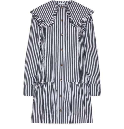 GANNI Stripe cotton big collar mini shirt dress