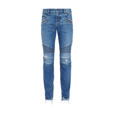 Tapered ripped blue cotton jeans