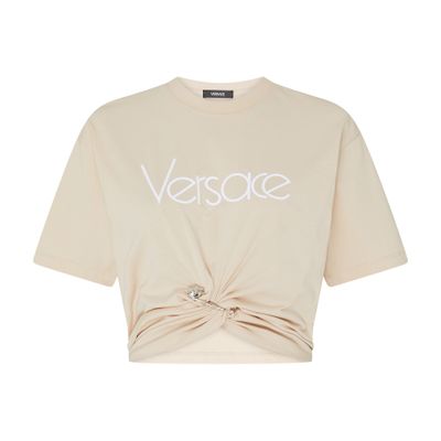 Versace Cropped T-shirt With Twist Detail And Safety Pin Logo In Beige