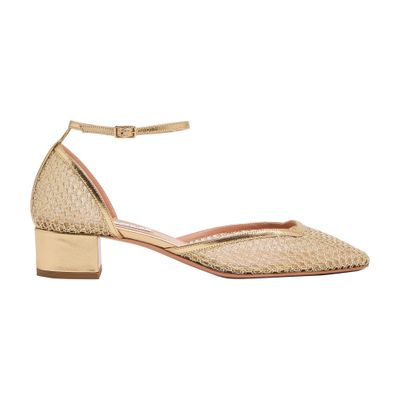 Aquazzura Asha 35 Leather-trimmed Mesh Pumps In Gold