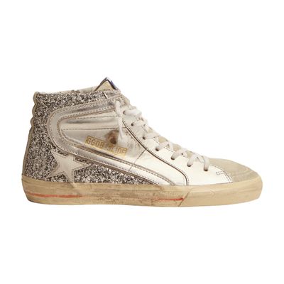 Golden Goose Slide With Laminated Leather Upper And Silver Glitter In Multi