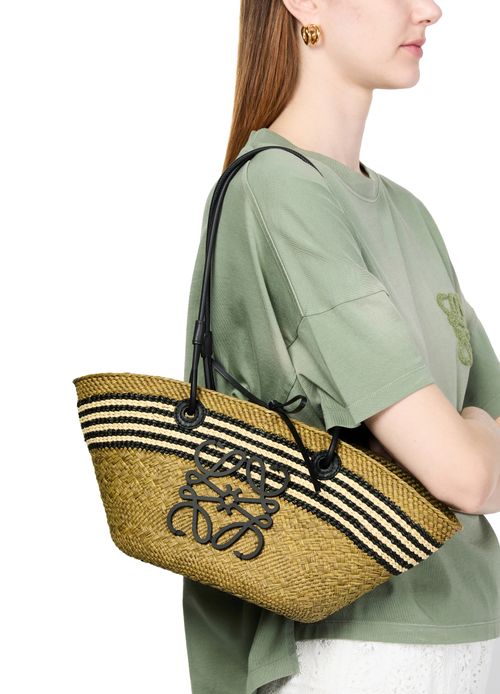LOEWE Anagram Stripes small basket in Iraca palm and calfskin