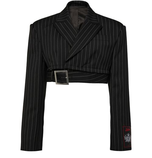 JEAN PAUL GAULTIER 지퍼 오프 벨트 핀스트라이프 울 크롭 테일러드 재킷