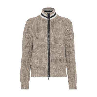 Brunello Cucinelli Cashmere Feather Yarn English Rib Knit Cardigan With Shiny Trims In Beige
