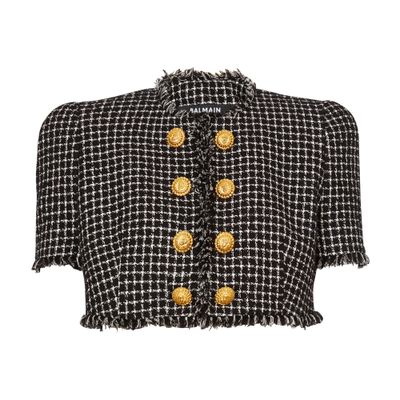 Balmain Cropped Embellished Cotton-blend Tweed Jacket In Black
