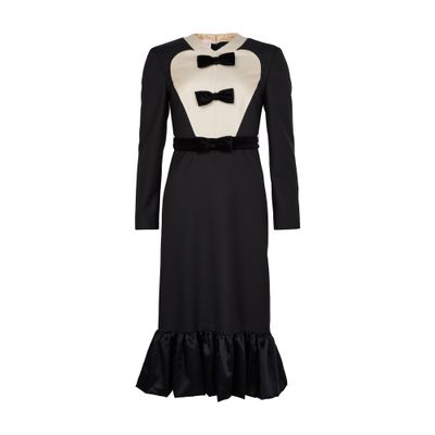 Valentino Belted Bow-embellished Velvet And Ottoman-trimmed Wool Midi Dress In Black