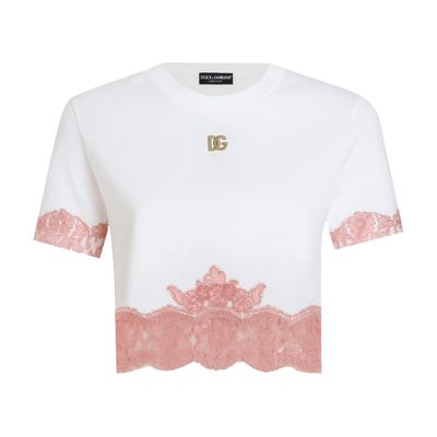 Dolce & Gabbana Cropped Jersey T-shirt With Dg Logo And Lace Inserts In White