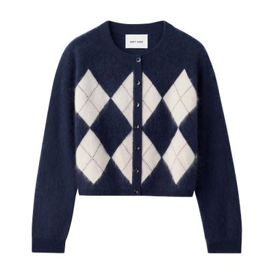 Soft Goat Button-down Argyle Cardigan In Navy