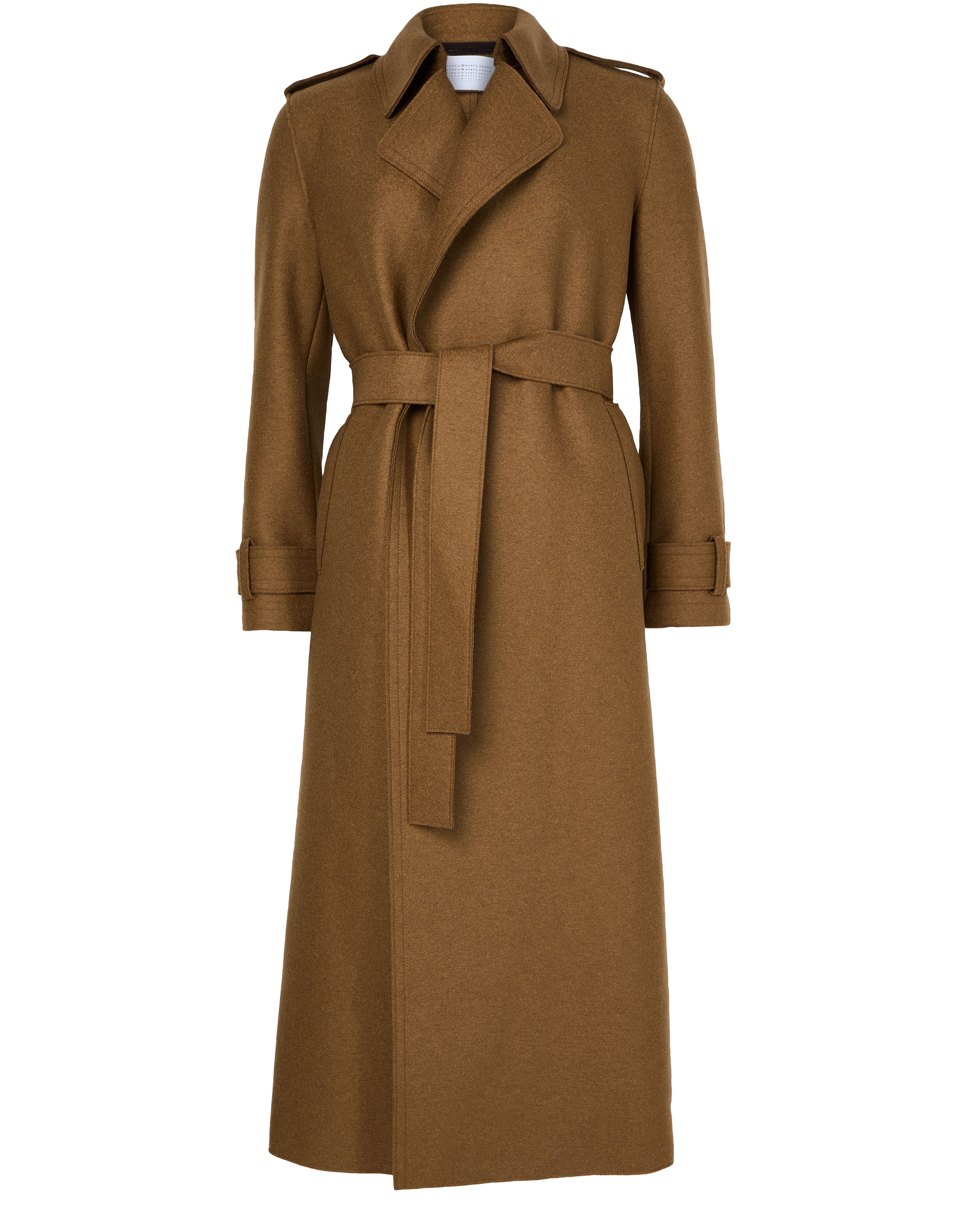 Double-stitched long trench in pressed wool