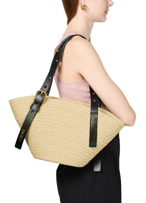 LOEWE Punch Hole small basket in raffia and calfskin