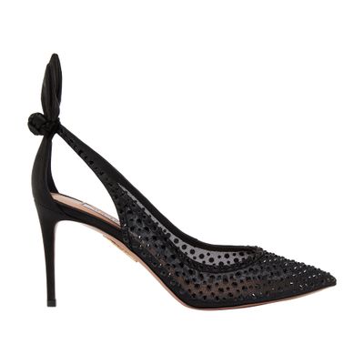 Aquazzura Bow Tie 105 Crystal Tulle Pointed-toe Flats In Black