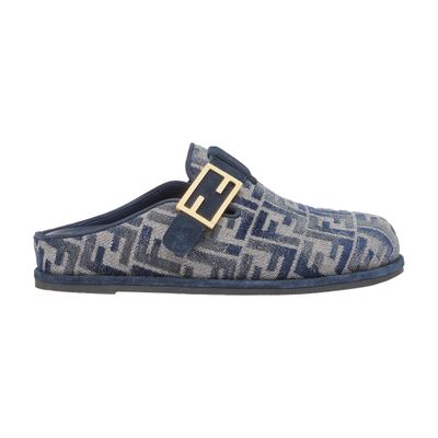Fendi Feel Ff Jacquard Denim Flat Mules In Blue