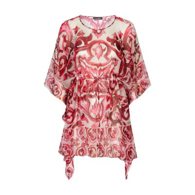 Shop Dolce & Gabbana Short Kaftan In Majolica Print Chiffon In Tris_maioliche_fuxia