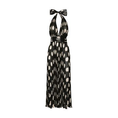 Dolce & Gabbana Pleated Chiffon Calf-length Dress With Polka-dot Print In Black