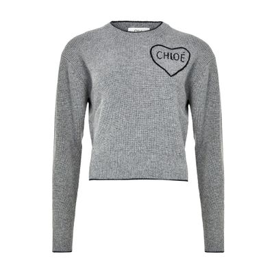 Chloé Fitted Cardigan With Logo In Wool And Cashmere Knit In Gray