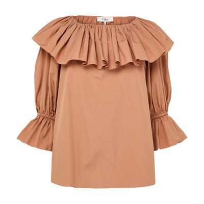 Chloé Ruffled Cotton Blouse With Drawstring Cuffs For Women In Brown