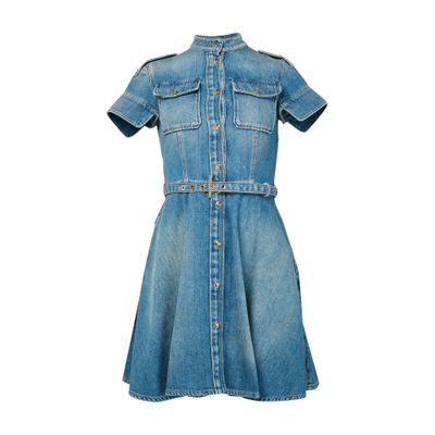 Alexander Mcqueen Button-down Cotton Dress With Flared Skirt And Utility Pockets In Blue