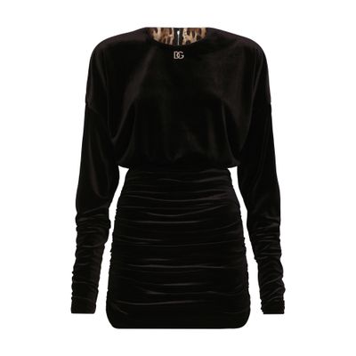 Dolce & Gabbana Short Draped Velvet Dress With Dg Logo In Black