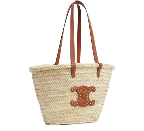 CELINE Medium Triomphe Celine classic panier in palm leaves and calfskin with studs
