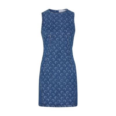 Marine Serre Deadstock Denim Moon-print Mini Dress In Blue