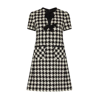 Valentino Embroidered Damier Light Tweed Short Dress In Black