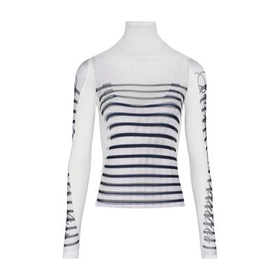 Jean Paul Gaultier Spandex Mesh Printed Feathers Mariniere Top M In Navy