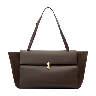 Savette Large Suede And Smooth Calfskin Trapèze Bag In Brown
