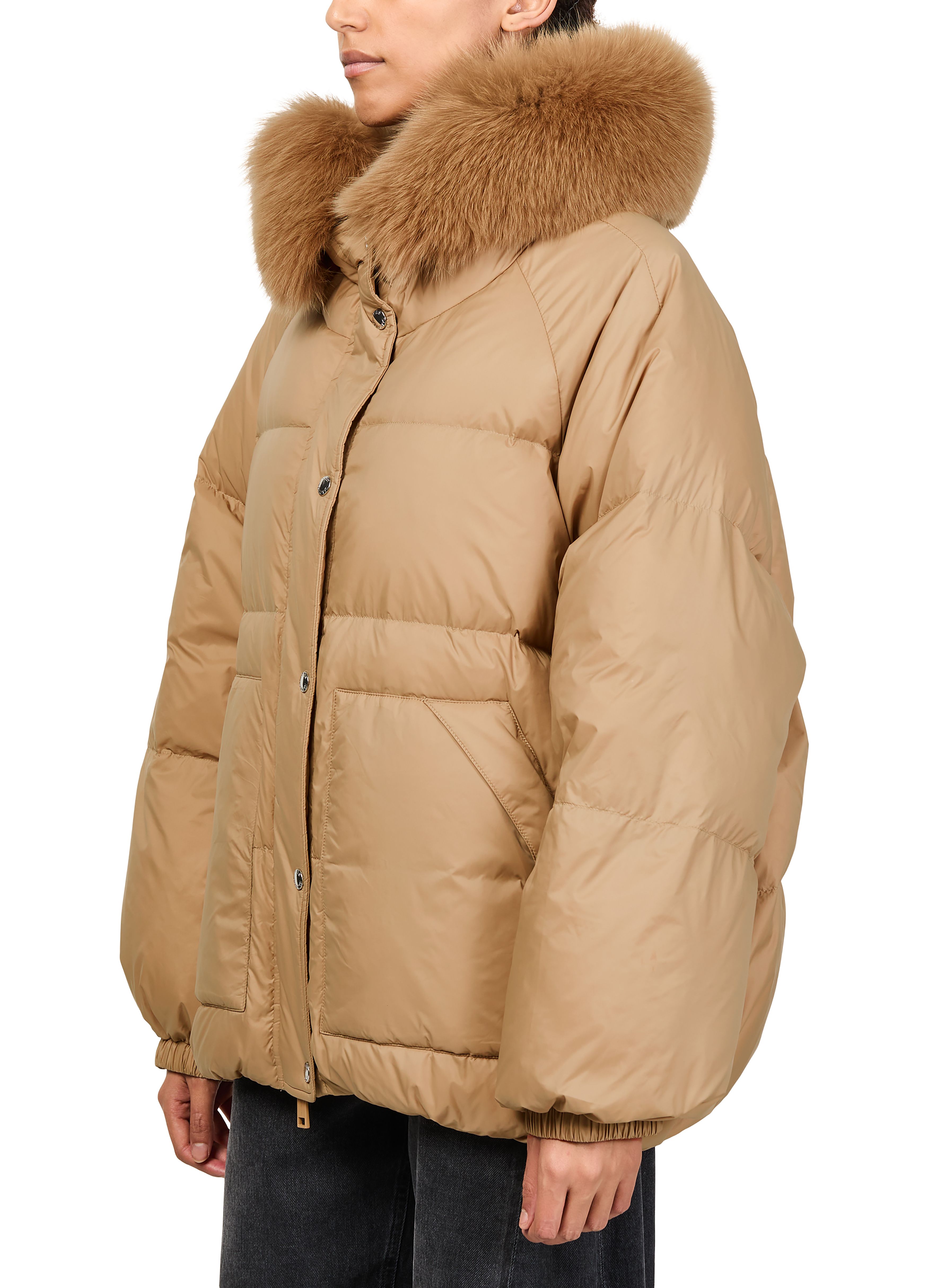 Hooded puffer jacket with a fox fur trim thumbnail 4