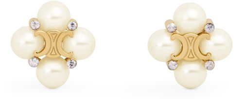 CELINE Les Perles Celine Studs in Strass, Resin Pearls and Brass with Gold Finish
