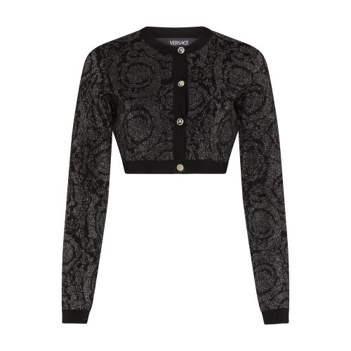 Versace Lurex Cropped Cardigan With Barocco Motif In Black