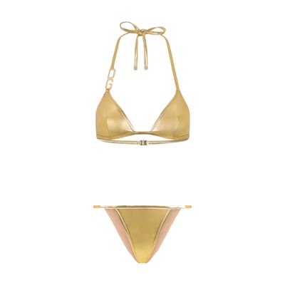 Shop Dolce & Gabbana Triangle Bikini With Dg Logo In Gold