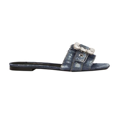 Patchwork denim slides with rhinestone buckle