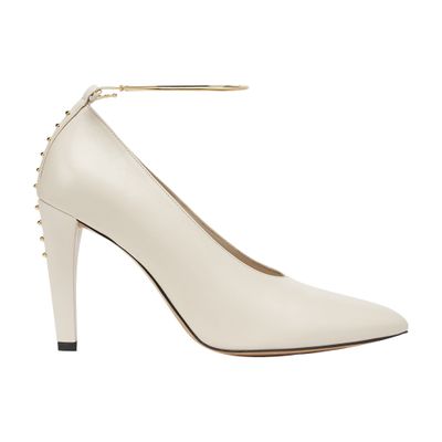 Fendi Almond Beige Pointed Pumps With Metallic Embellishments In White