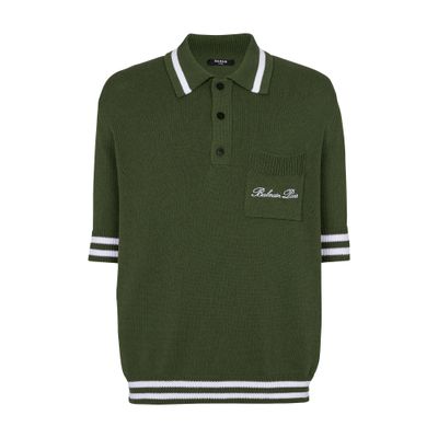 Balmain Signature Knitted Polo Top In Green