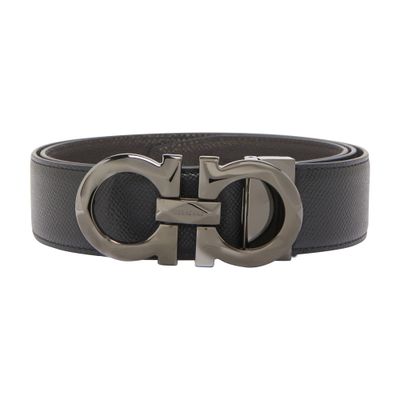 Ferragamo Black And Brown Reversible Belt With Gancini Detail In Smooth Leather Man In Black