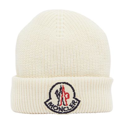 Moncler Logo Patch Beanie In Beige