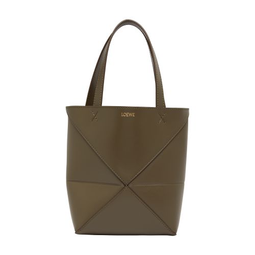 Loewe Puzzle Fold Mini Tote Bag In Shiny Leather In Dark_khaki_green