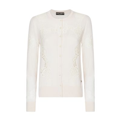 Dolce & Gabbana Cashmere And Silk Cardigan With Lace Inlay In Optical_white