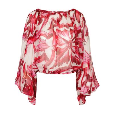 Dolce & Gabbana Chiffon Top In Majolica Print In Tris_maioliche_fuxia
