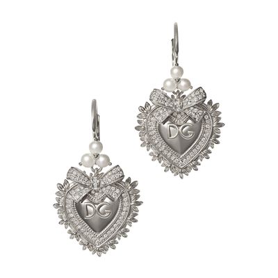 Dolce & Gabbana 18kt White Gold Devotion Diamond And Pearl Sacred Heart Earrings In White