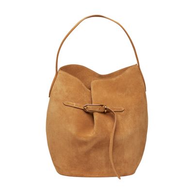 Liffner Belted Large Suede Bucket Bag In Red