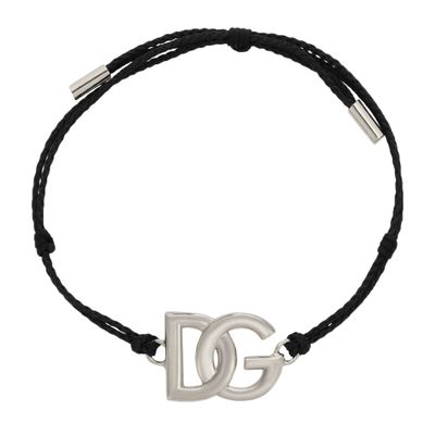 Shop Dolce & Gabbana Cord Bracelet With Large Logo In Black_silver