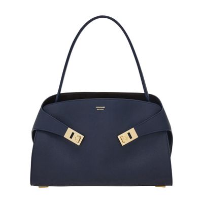 Ferragamo Soft Medium Shoulder Bag Gold Hardware Top Handle In Blue